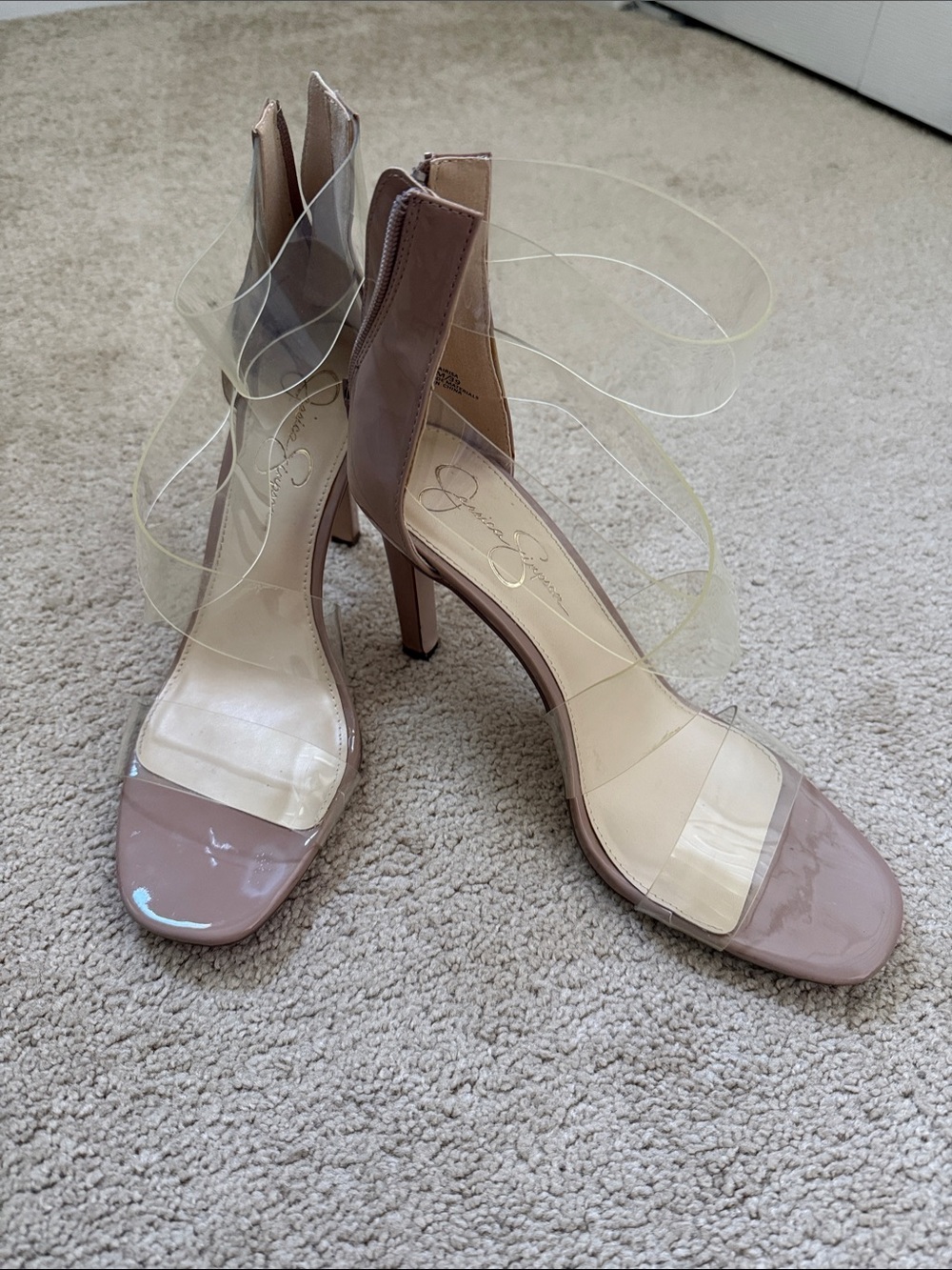 Jessica Simpson Blush Patent Leather Heeled Sandals with Clear Straps